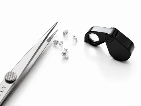 Pinzette, Lupe und Diamanten